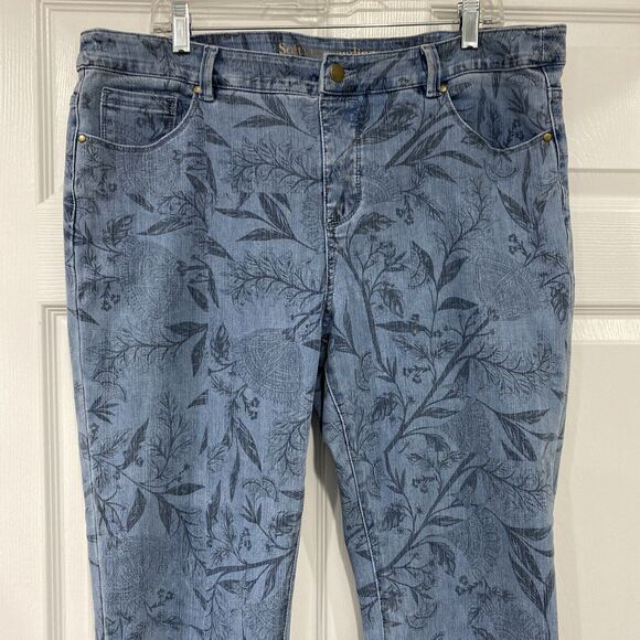 SOFT SURROUNDINGS Pull On Skinny Jeans Womens Size M 10/12 Blue Leaf Print - Picture 2 of 10